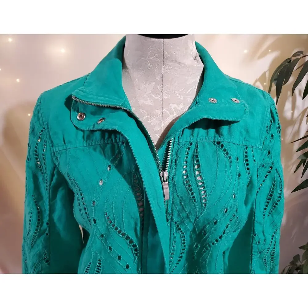 Chicos Eyelet Linen Zip Jacket Womens Size 0 US S 4 Green Natural Coastal Lace - Picture 5 of 13